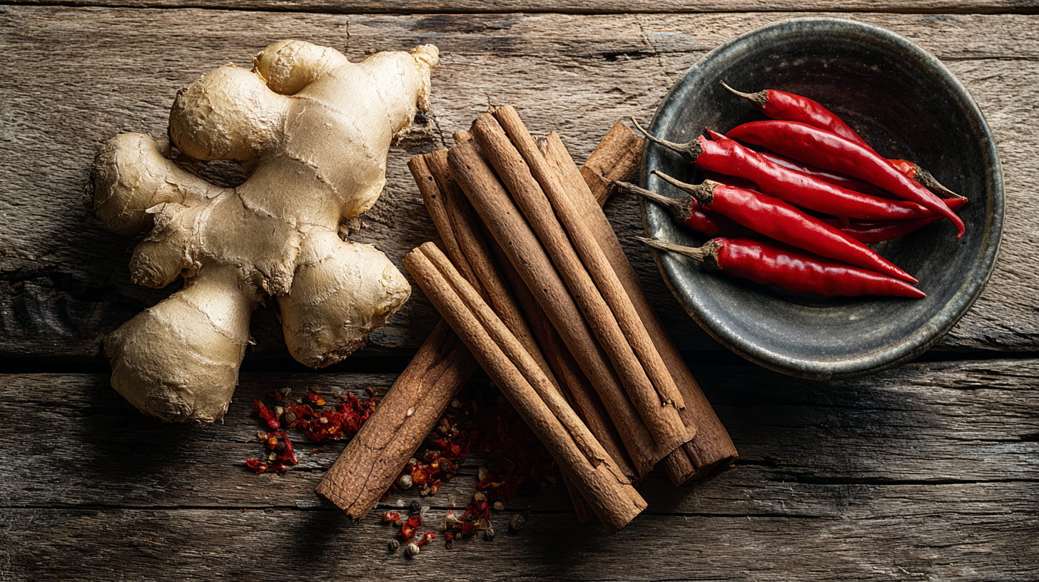 薑、肉桂與辣椒是三項被反覆研究的代表性食材。