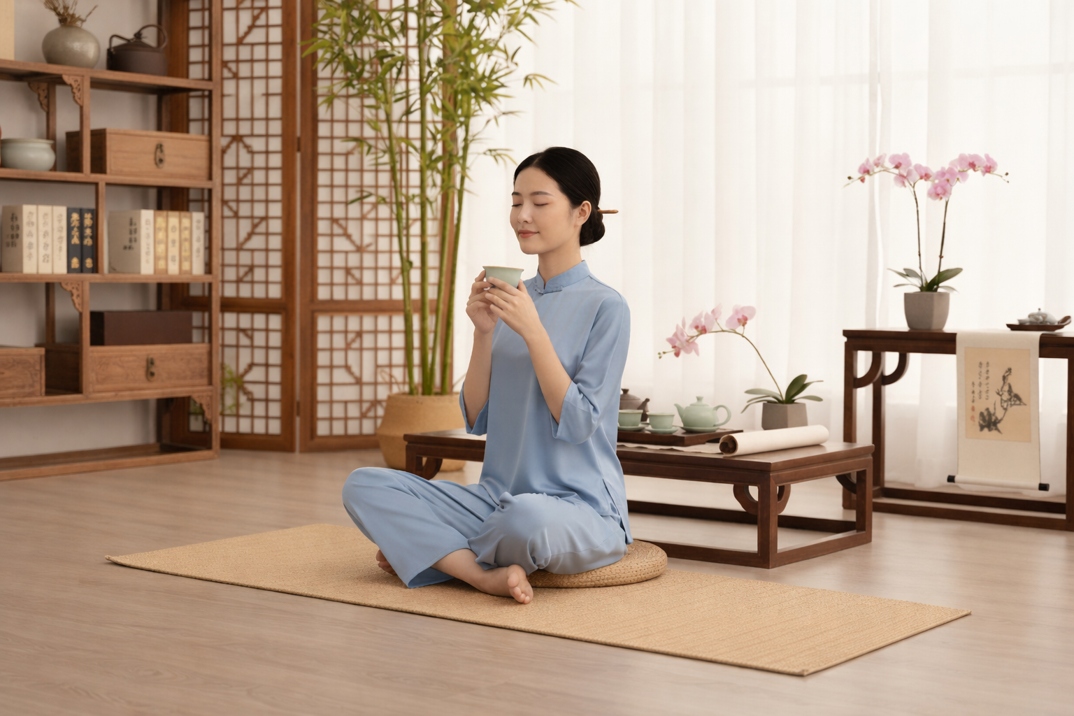 中醫減重體質調理示意圖，女性於中醫養生空間中靜坐品茶，象徵以中醫調整脾胃、氣血與代謝達成健康減重